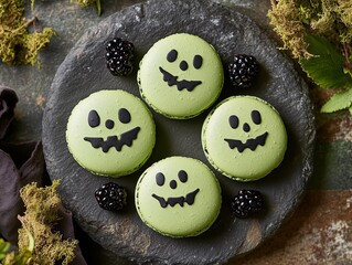 Spooky Halloween Macarons Decorated with Jack O Lantern Faces and Fresh Blackberries on a Rustic Stone Plate