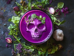 Mysterious Purple Elixir with Skull Design Surrounded by Fresh Herbs and Garlic on Dark Background for Halloween or Gothic Themes