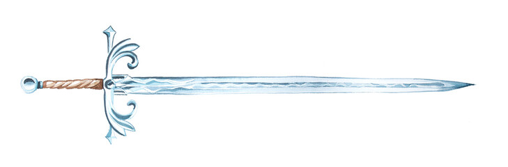 Medieval sword design on the white background. Watercolor knight themed illustration. Armory design. Warrior concept book cover. © Victoria