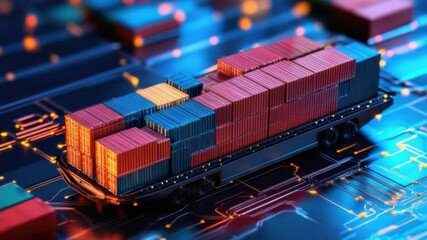 Digital Cargo: Conceptual image of shipping containers on a circuit board, symbolizing the digital transformation of global trade. Capturing the integration of logistics and technology. - Powered by Adobe