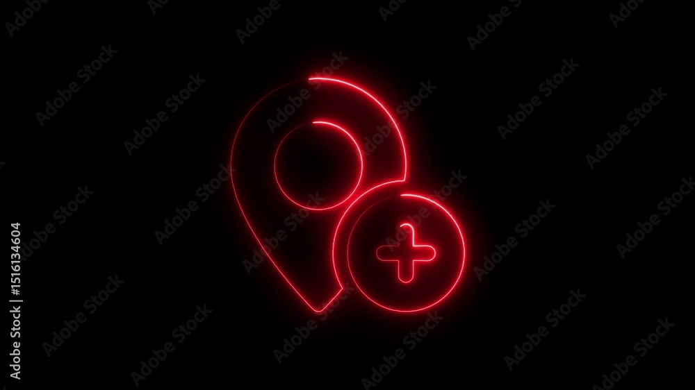Poster glowing red neon style map pin icon with add symbol on black background