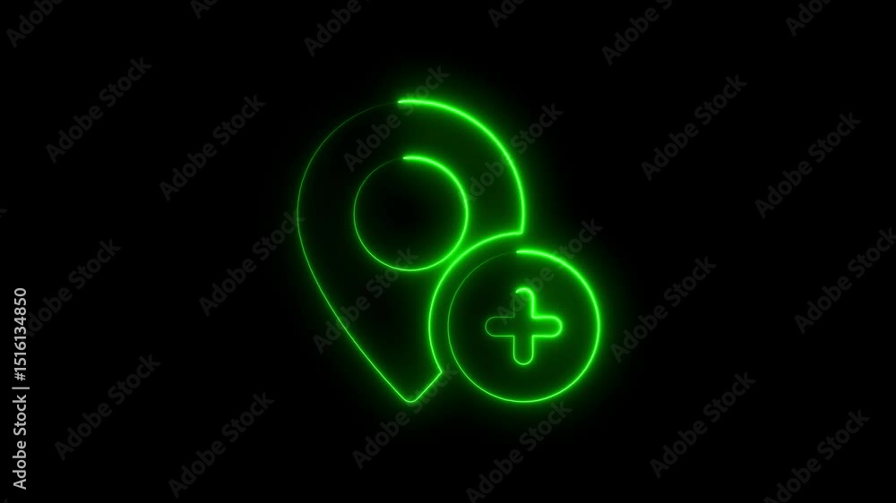 Poster green neon animated location icon with add button on black background