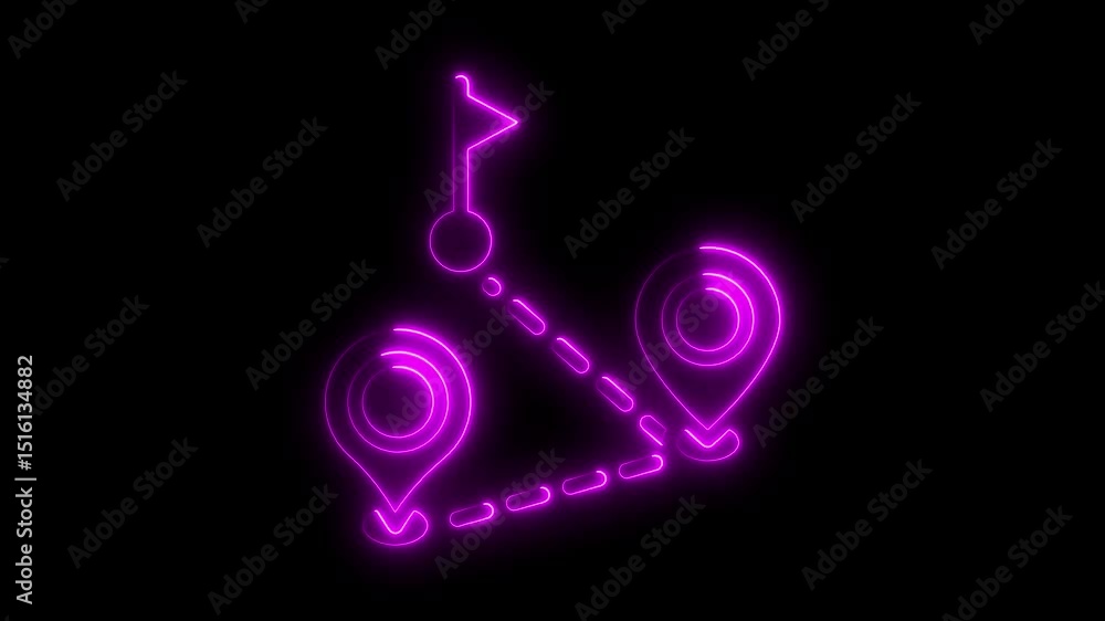 Poster animated neon route with location pointers and a finishing flag on black background.