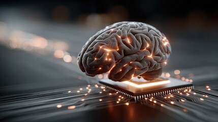 Human brain placed on computer chip with glowing neural connections symbolizing artificial intelligence, machine learning and neural integration perfect for tech and science visuals