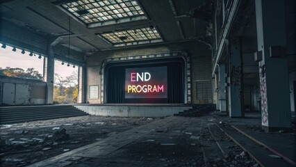 Abandoned theater displays end program message urban exploration post-apocalyptic setting wide angle view eerie atmosphere