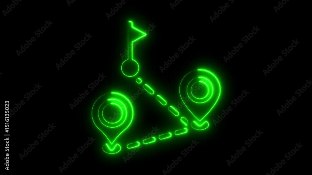 Poster animated green neon glow route navigation with two map pointers showing destination