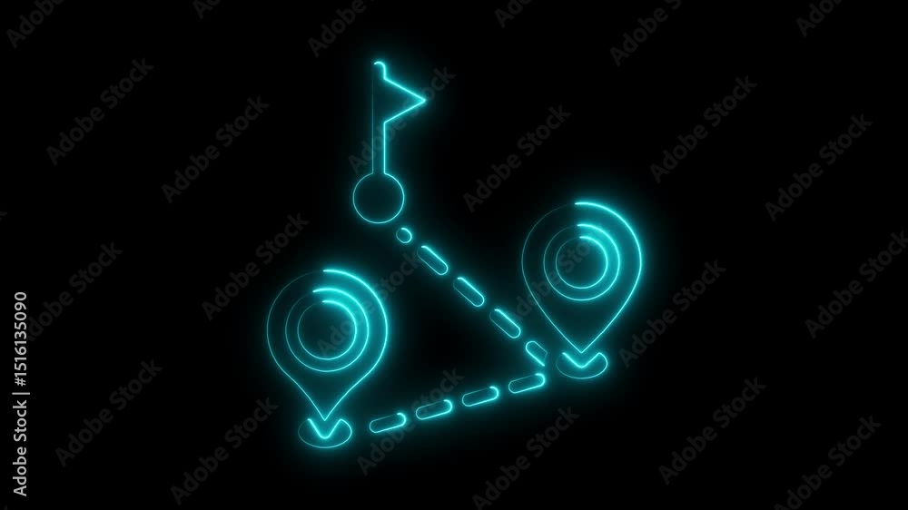 Poster animated neon route map with destination markers and a finish flag on black background