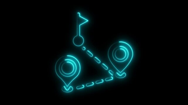 Animated neon route map with destination markers and a finish flag on black background