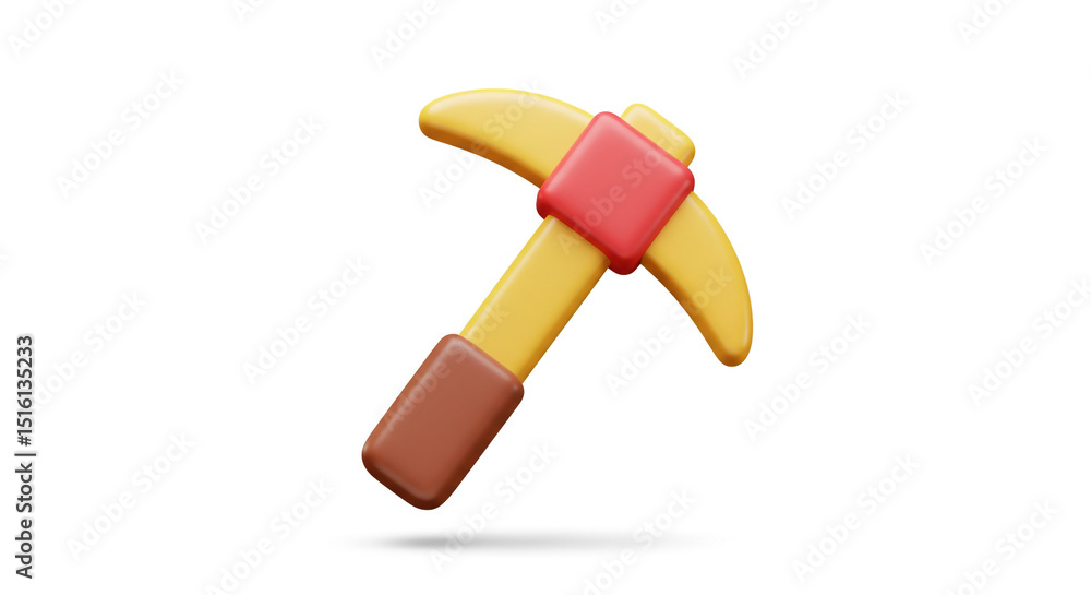 Poster a cartoonish image of a yellow pickaxe with a red square and brown handle on a white background