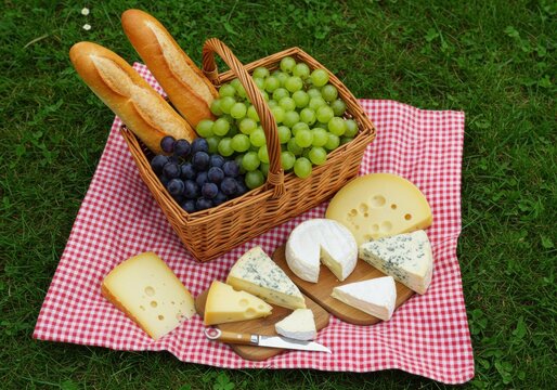 National picnic month celebration with cheese and fruit on a checkered blanket