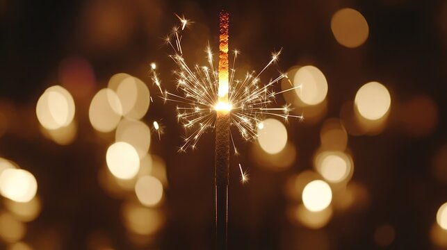A sparkler ignites in a dark setting, with glowing embers and bokeh - Powered by Adobe