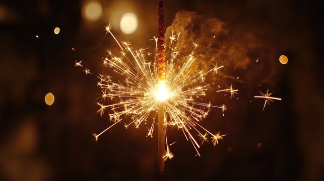 A sparkler bursts with golden light against a dark background.  Bokeh highlights suggest a festive atmosphere
