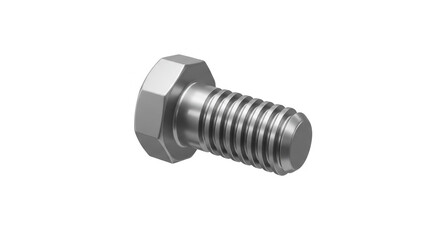 A close up shot of a silver colored bolt with a hexagonal head on a plain white background showing threads