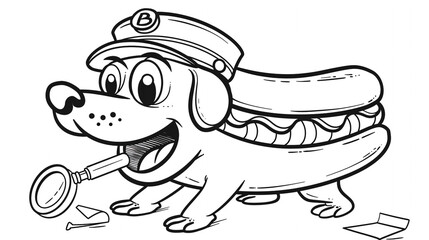 A sneaky hotdog in detective disguise with a tiny magnifying glass. Black and white line art, simple and bold outlines, for a kids coloring book, isolated on white background.