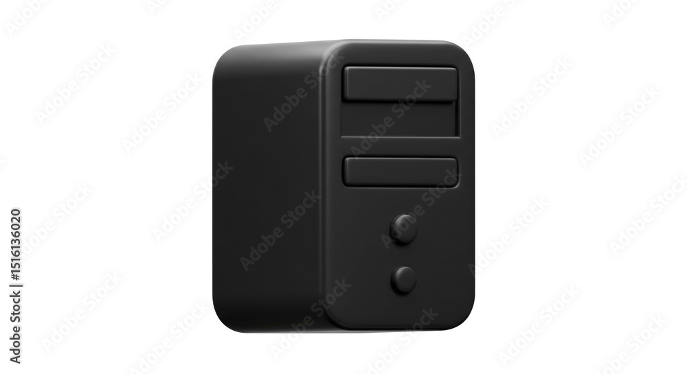 Poster a simple black computer tower with two buttons and drive bays on a plain white background view