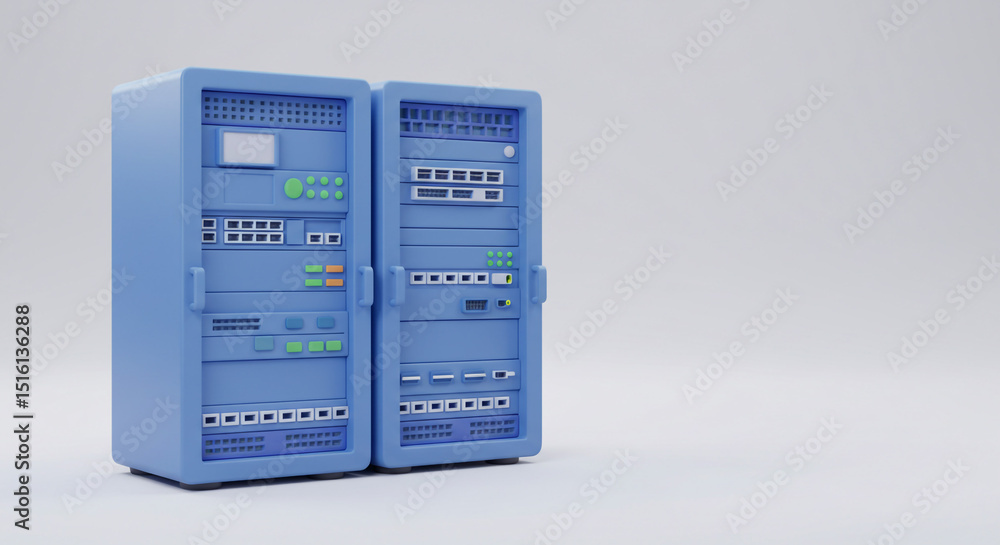 Poster two blue server racks standing side by side against a plain white background in a studio setting