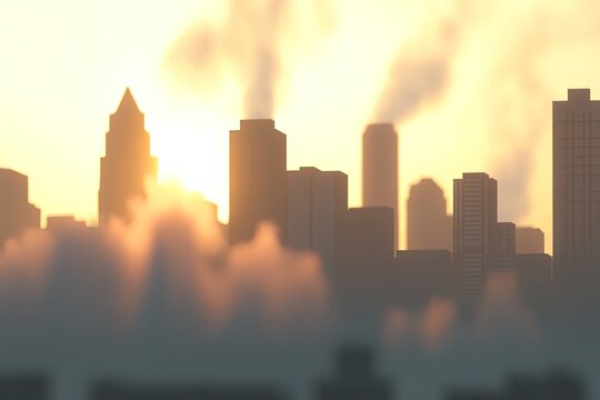 City skyline at sunrise, hazy and dramatic.  Tall buildings are silhouetted against a golden, hazy sky.  Soft clouds and fog surround the cityscape