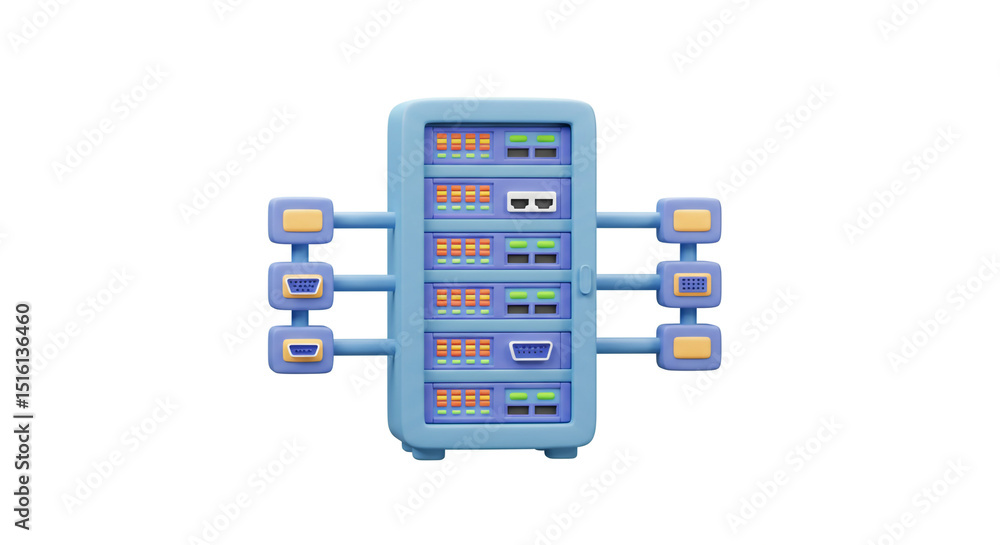 Poster a cartoon server rack with multiple connections and lights isolated on a plain white background rend