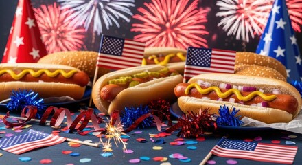 Celebration of national hot dog month with festive fireworks and american flags