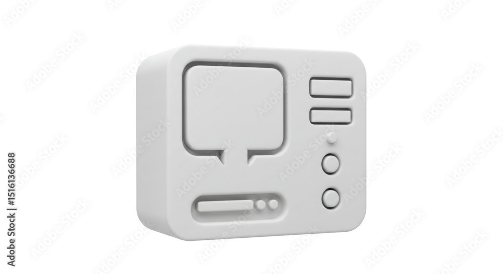 Poster a close up of a white computer icon with rounded edges and a retro design on a plain white backgroun