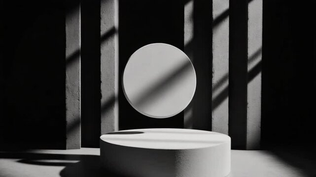 Floating Orb: A minimalistic, high-contrast composition showcasing a levitating sphere against a backdrop of vertical lines and dramatic light and shadow play.