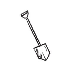 Shovel, an item used for digging, lifting, and moving materials such dirt, sand, snow in black brush stroke texture isolated on white. Hand drawn vector sketch illustration in vintage charcoal ink.