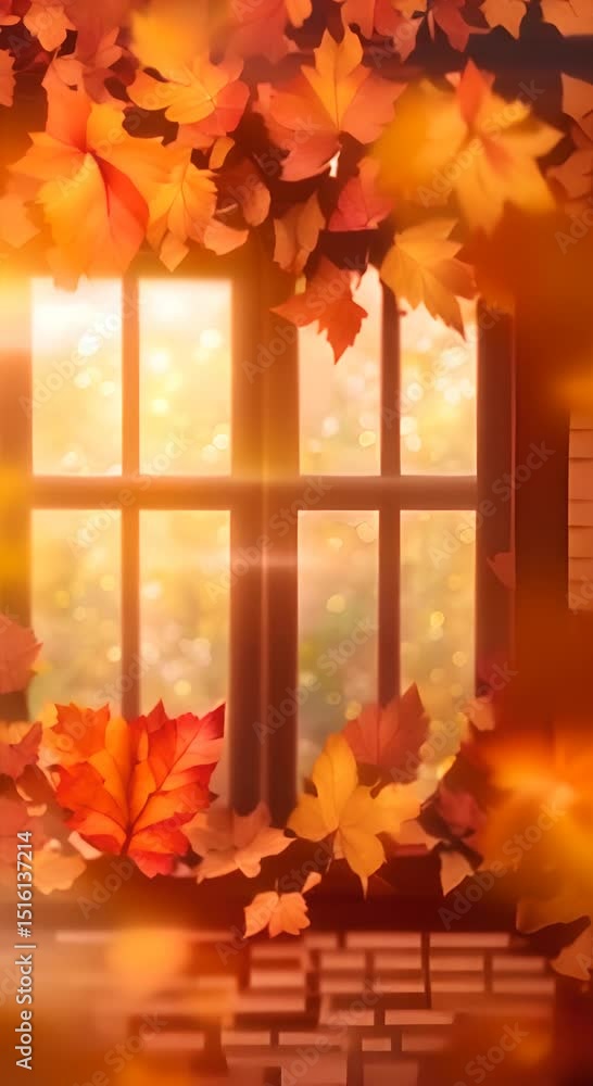 Poster autumn leaves frame rustic window with warm seasonal colors background seamless looping motion desig