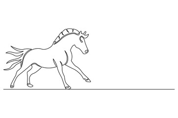 Continuous one line drawing of Horse on nature. Single line drawing illustration of Horse in a field during daylight. Summer day concept vector art. Doodle line illustration.