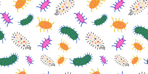 Obraz premium Vector seamless pattern with cartoon simple unicellular organisms, bacteria and viruses. Medicine background with microorganisms under a microscope. Hand drawn pattern for prints, textile