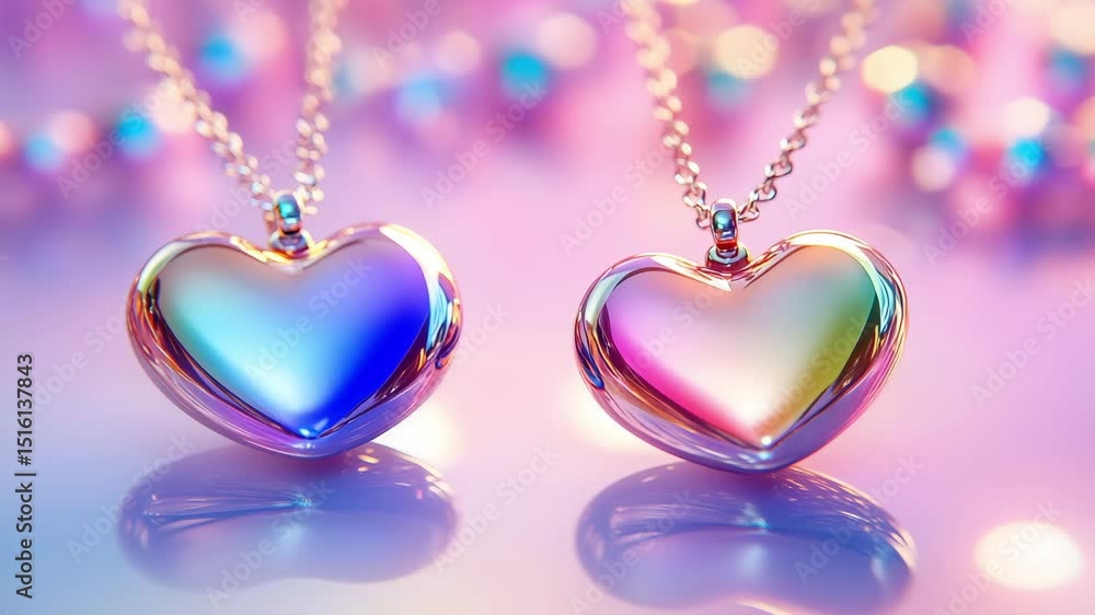 Poster two heart shaped pendants with colorful reflections rest on a soft pastel background, creating a mag