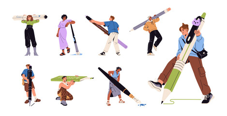 Tiny people with big pens, pencils set. Men and women hold stationery: brushes, highlighters, paintbrushes. Characters are writing, painting, drawing. Flat isolated vector illustrations on white