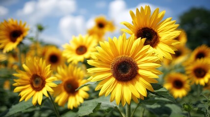 Obraz premium Vibrant Sunflower Field with Bright Yellow Petals Under a Blue Sky