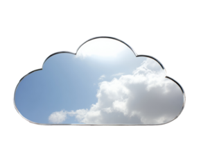 Cloud shaped mirror reflecting bright blue sky and clouds, cut out transparent