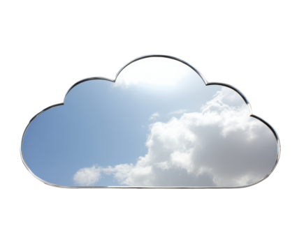 Cloud shaped mirror reflecting bright blue sky and clouds, cut out transparent