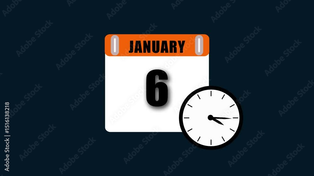 Poster january sixth calendar and clock illustrating time and date on dark background