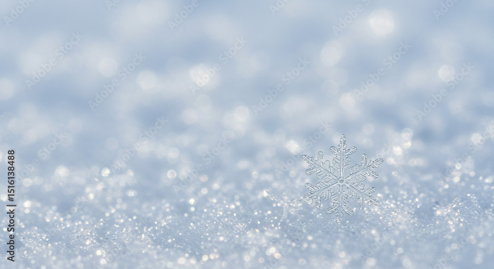 Poster a single snowflake resting on a bed of snow with a soft and blurred background creating a winter sce
