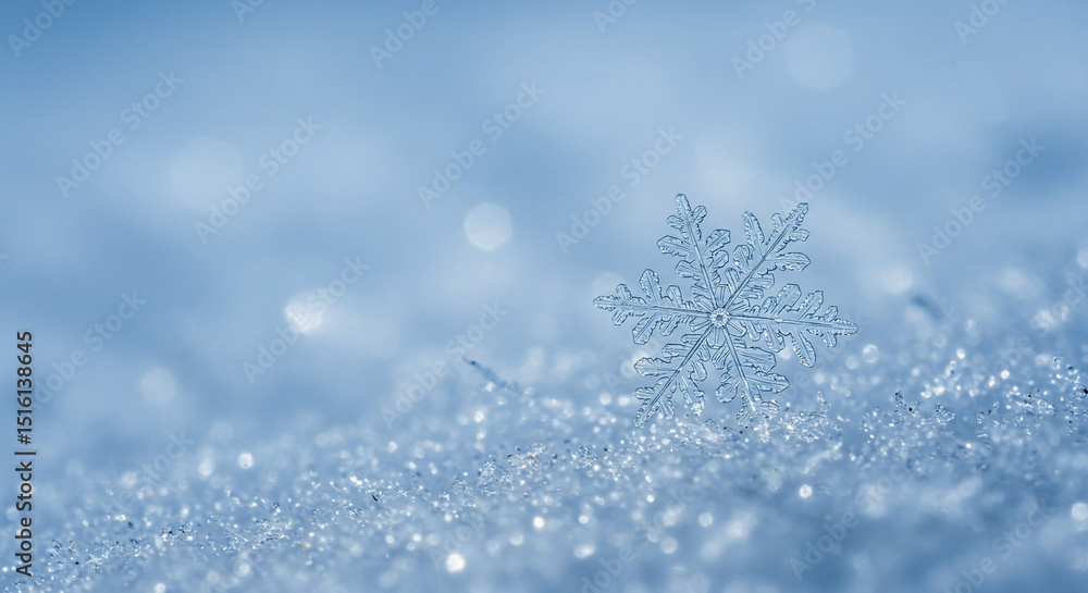 Poster a close up of a delicate snowflake resting on a bed of snow with a soft blue background creating a w
