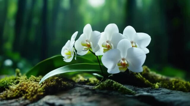 Orchids in the Emerald Forest: Delicate white orchids flourish gracefully against a verdant backdrop of moss and lush foliage, painting a picture of serenity and delicate beauty.