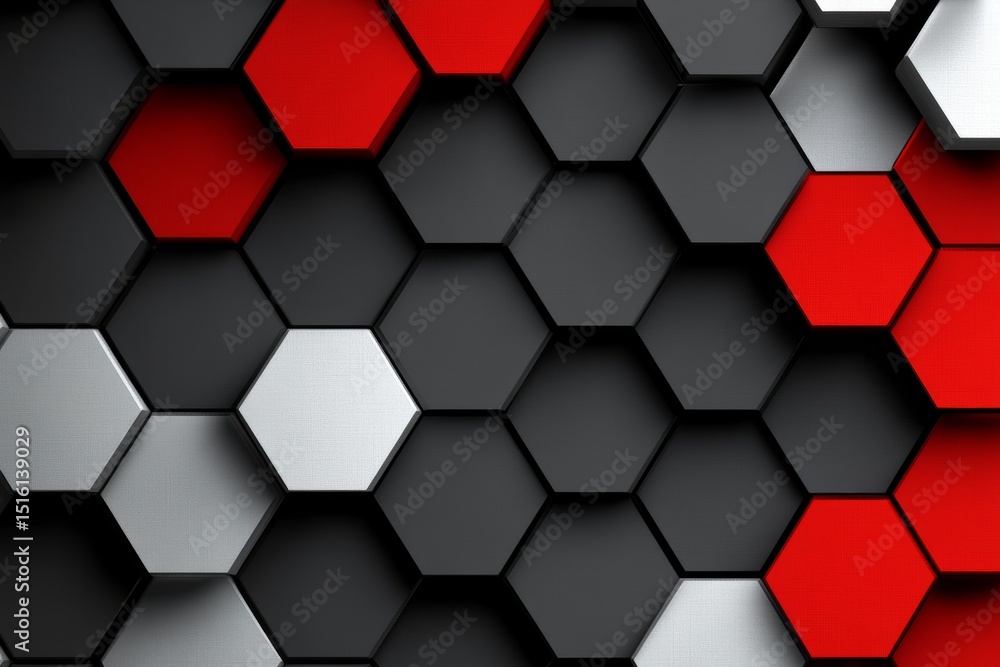 Poster abstract hexagonal mosaic pattern with red, grey, and black geometric shapes for modern design