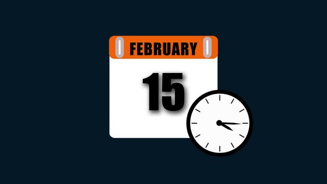 Animated calendar showing february 15th with a clock on dark background