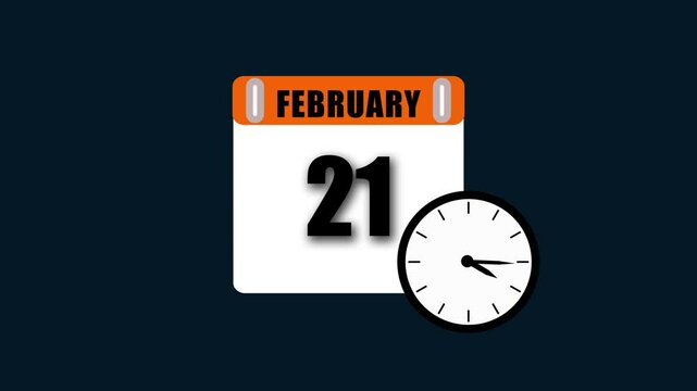Calendar clock graphic showing february 21st and time against dark blue background
