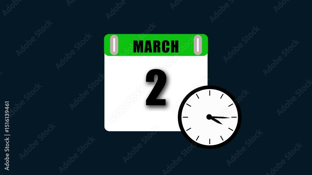 Poster animated calendar displaying march 2nd date with clock symbol over a dark background