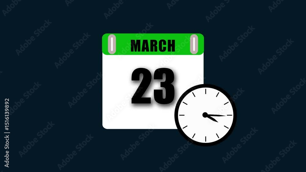 Poster march twenty third date with time clock representation animation against blue background