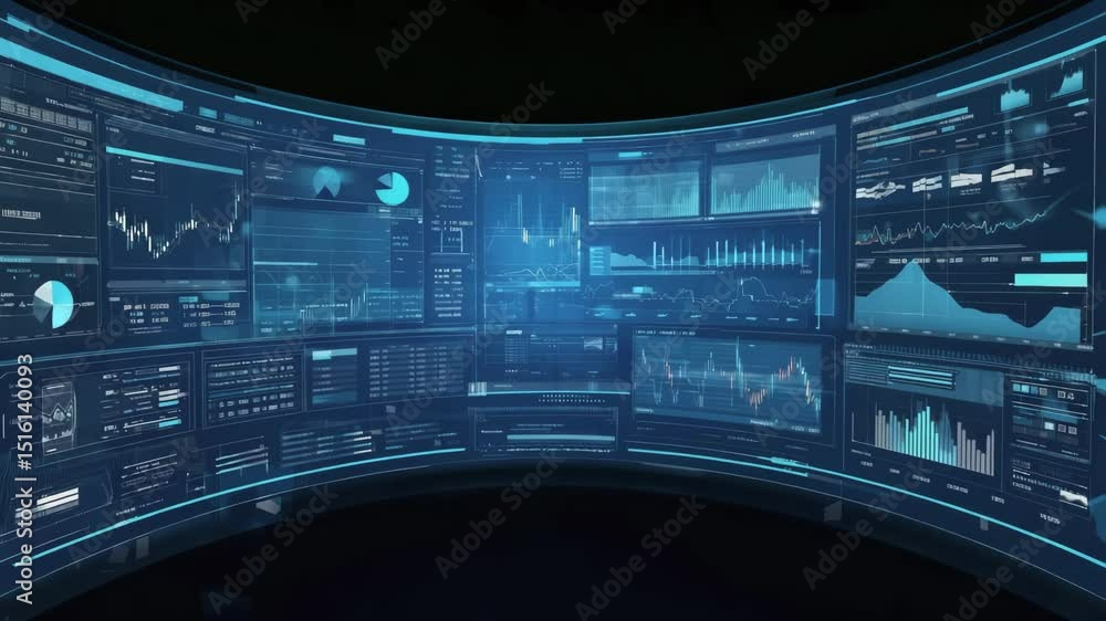 Poster financial analysis room with multiple curved screens displaying candlestick stock market charts and 