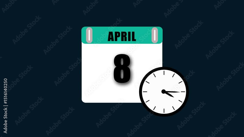 Poster animated calendar displaying april eighth and a clock illustrating the passage of time