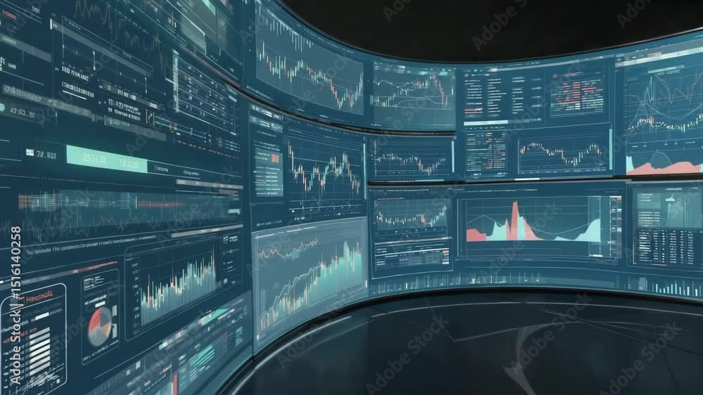 Poster financial analysis room with multiple curved screens displaying candlestick stock market charts, lin