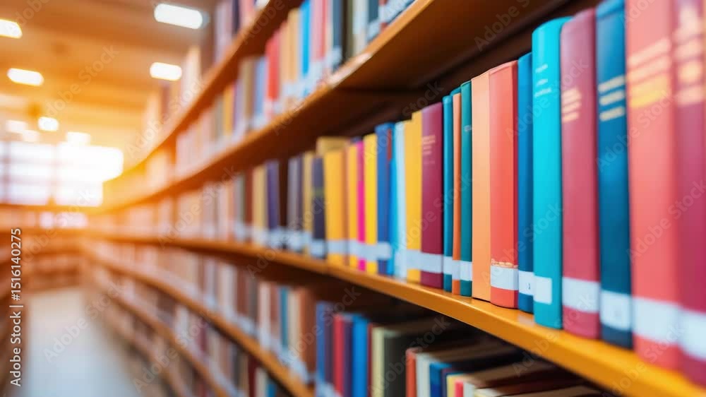 Poster shelves lined with colorful books create an inviting atmosphere for reading and studying in a modern