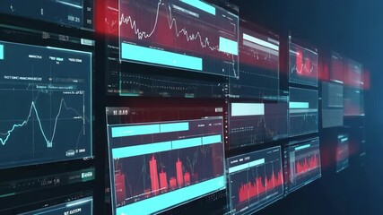 Futuristic financial dashboard with holographic screens displaying currency exchange rates, candlestick stock market charts, and data visualizations - Powered by Adobe