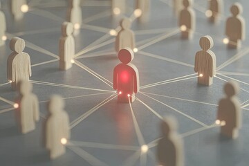 Networked wooden figures; a central figure highlighted. Connections between individuals