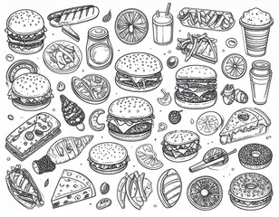 Dense black line doodle illustration of assorted foods, hand-sketched style, monochrome with white background
